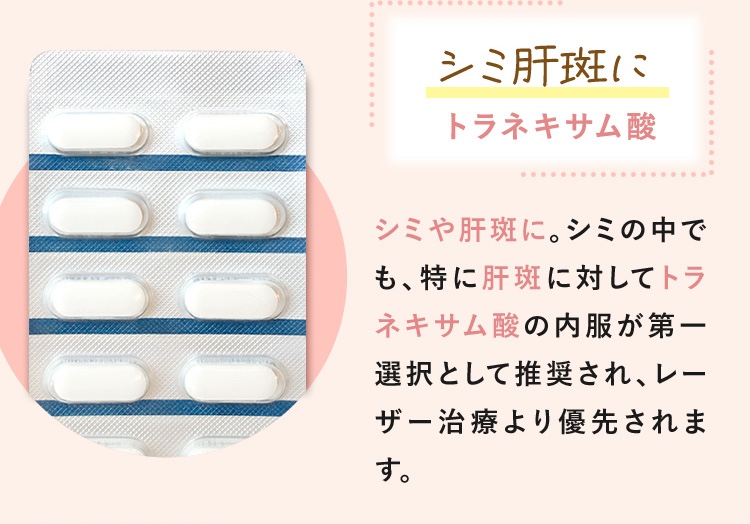 シミ肝斑、ニキビ跡の改善/トラネキサム酸/シミ、肝斑、ニキビ跡の改善が期待できます。シミの中でも、特に肝斑に対してトラネキサム酸の内服が第一選択として推奨され、レーザー治療より優先されます。