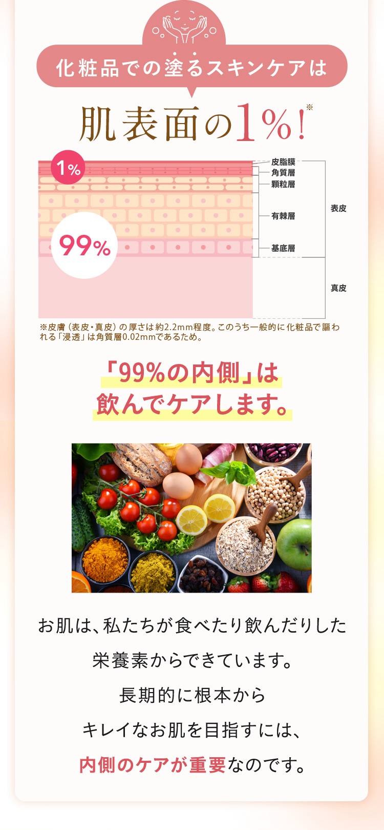 化粧品での塗るスキンケアは肌表面の1%！きれいなお肌を目指すには内側のケアが重要です。