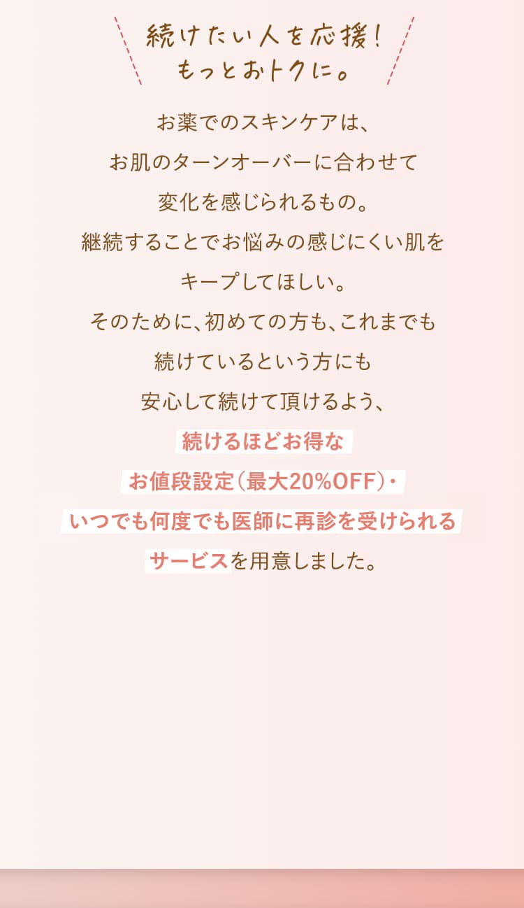 お薬でのスキンケアはお肌のターンオーバーに合わせて変化を感じられるもの。維持することでお悩みの感じにくい肌をキープしてほしい。そのために初めての方もこれまでも続けているという方にも安心して続けていただけるよう、続けるほどお得なお値段設定。いつでも何度でも医師に最新を受けられるサービスを用意しました。