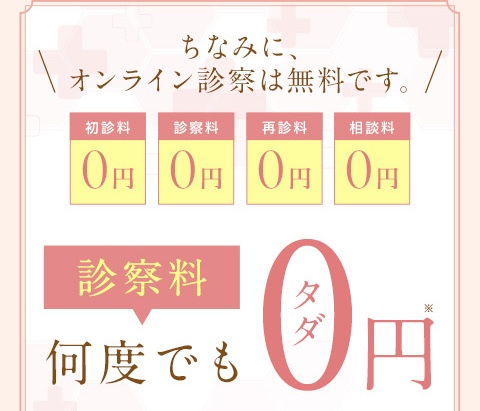 オンライン診察は無料です。診察料0円、初診料0円、再診料0円、相談料0円/診察料何度でもタダ
