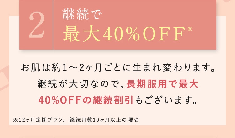 続割/お肌は1～2ヶ月ごとに生まれ変わります。継続が大切なので、長期服用で最大40%OFFの継続割もございます。