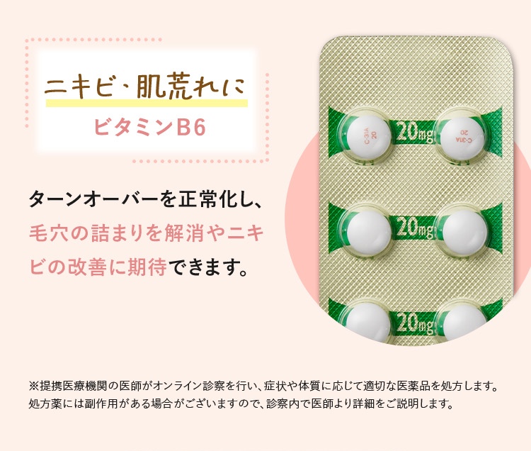 ニキビ、肌荒れに/ビタミンB6、ターンオーバーを正常化し、毛穴つまりを解消やニキビに期待できます。
