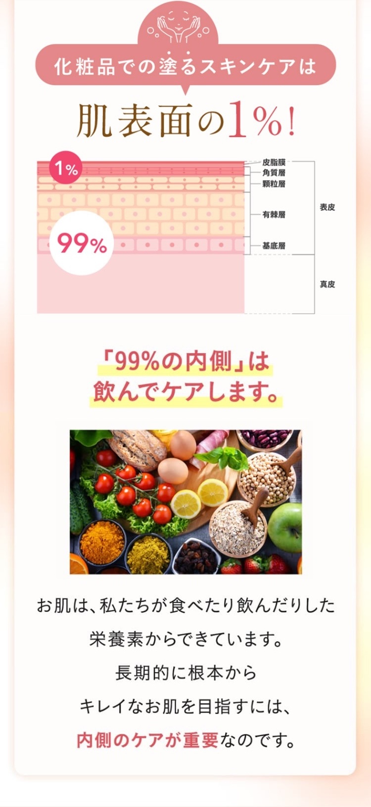 化粧品での塗るスキンケアは肌表面の1%！きれいなお肌を目指すには内側のケアが重要です。