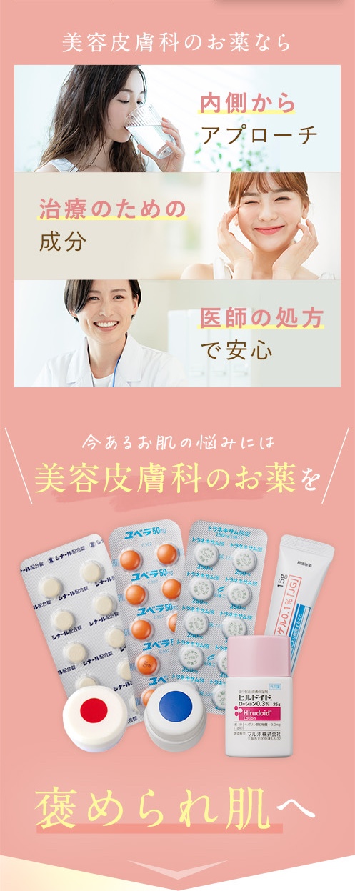 美容皮膚科のお薬なら、内側からアプローチ、治療のための成分、医師の処方で安心