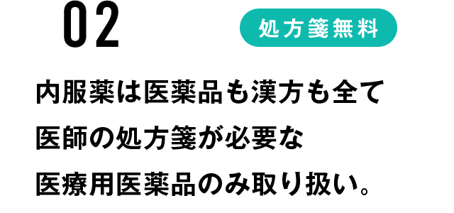 内服薬は医薬品も漢方も全て、医師の処方箋が必要な医療用医薬品のみ取り扱い