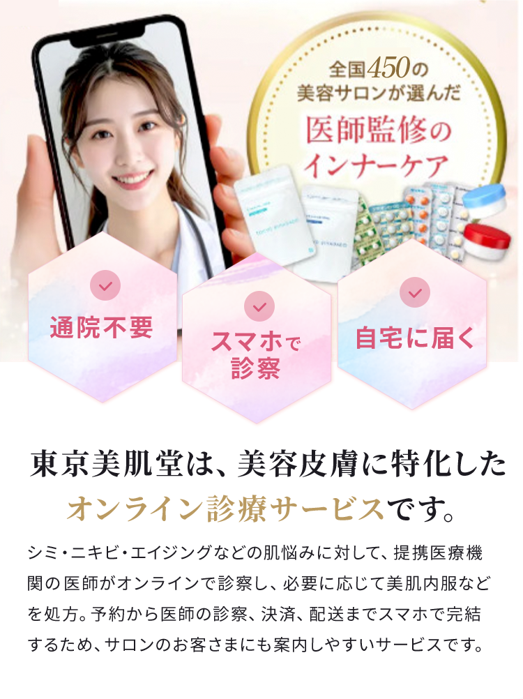 東京美肌堂は、美容皮膚に特化したオンライン診療サービスです。