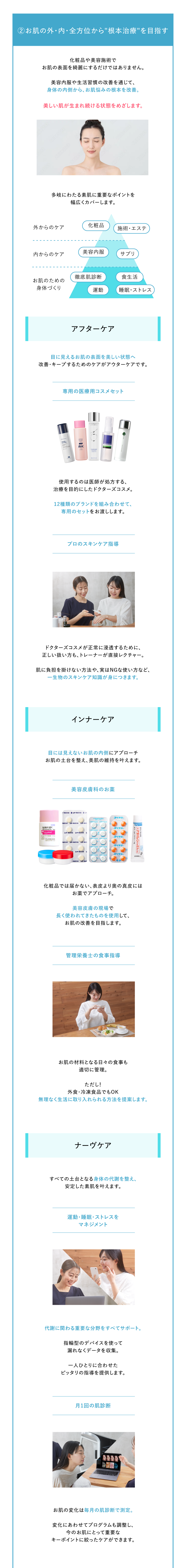 スキンキュアでは肌の外側だけでなく内側や心の状態も含めた包括的なケアを行う
