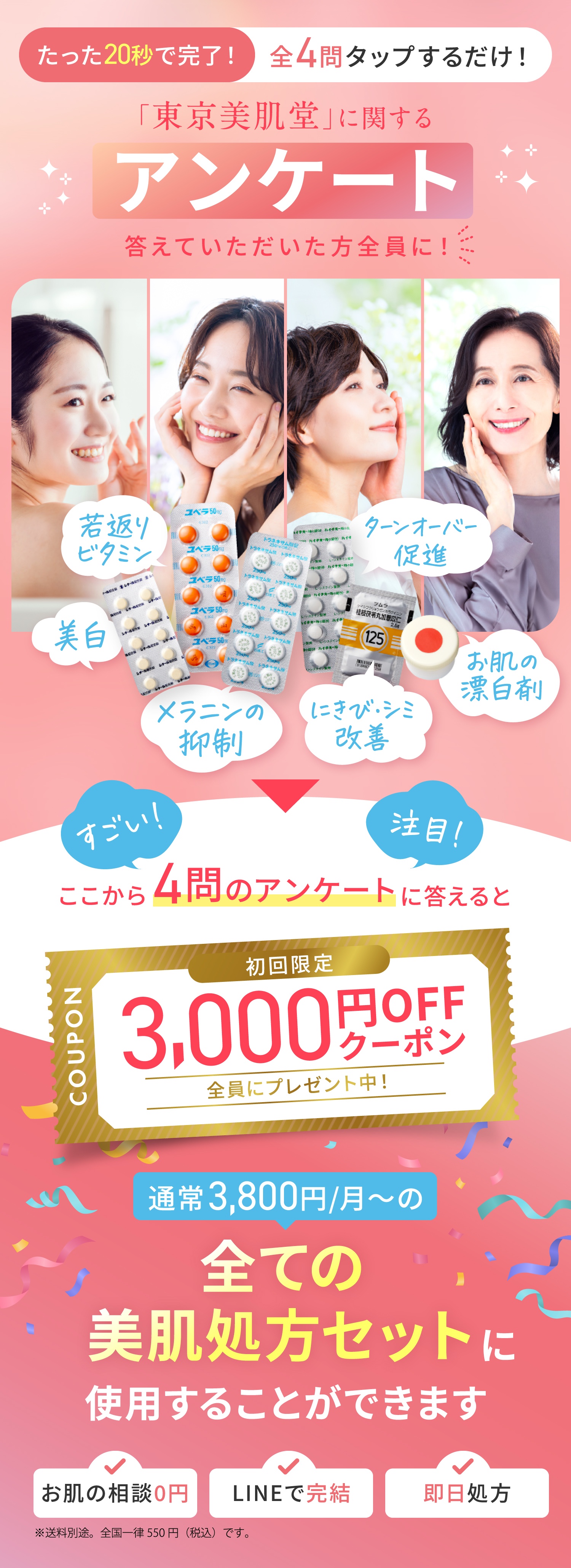 東京美肌堂に関するアンケート答えていただいた方全員に3,000円OFFクーポン