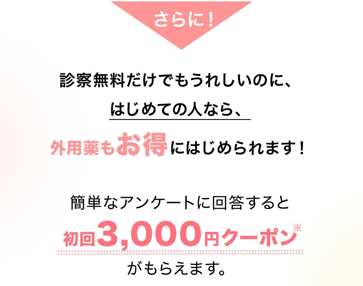 さらに！診察無料でもうれしいのに、はじめての人限定で、外用薬もお得にはじめられます！